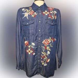 Paparazzi Embroidered Denim Western Button Down Shirt Floral Birds Boho Shirt S/